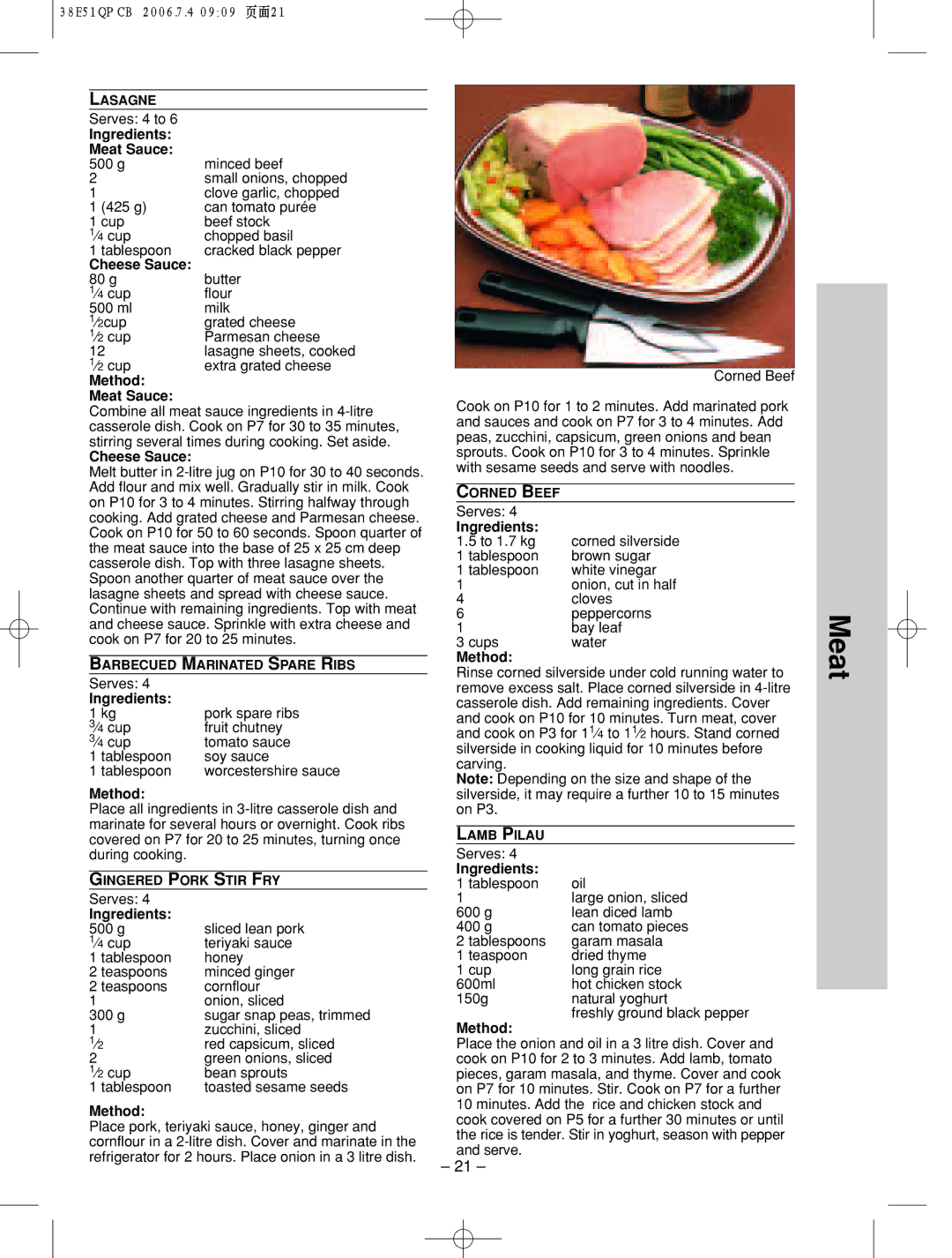 Panasonic NN-ST756W manual Ingredients Meat Sauce 500 g, Cheese Sauce, Method Meat Sauce 