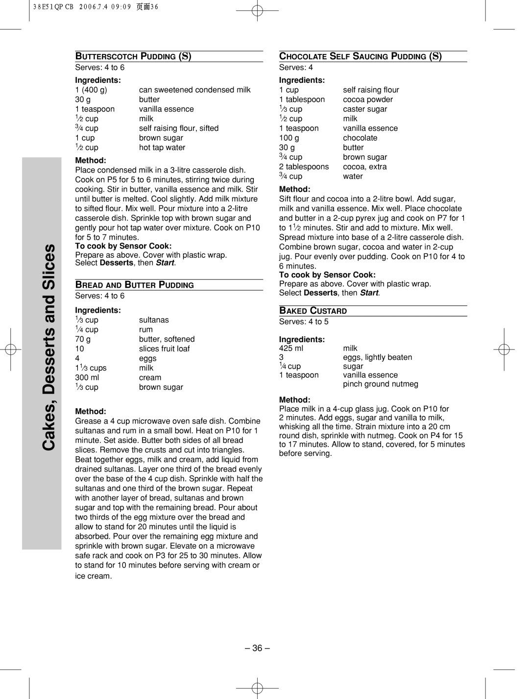 Panasonic NN-ST756W manual g Can sweetened condensed milk 30 g Butter, Vanilla essence, ⁄3 cup Sultanas ⁄4 cup Rum 70 g 