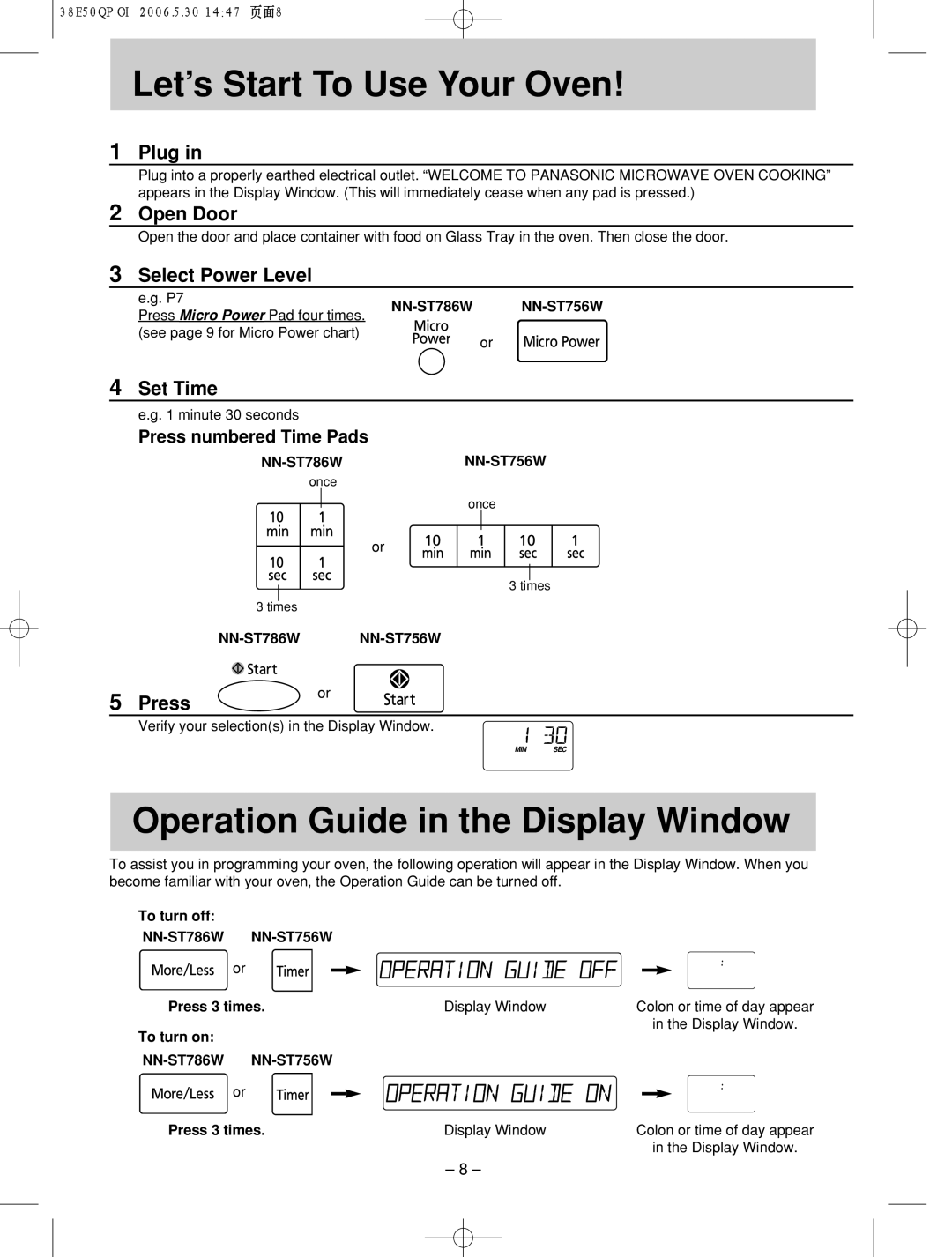 Panasonic NN-ST756W manual Let’s!!! Start To Use Your Oven, Operation Guide in the Display Window 