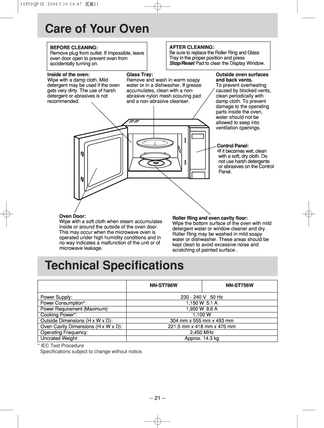 Panasonic NN-ST756W manual Care!!! of Your! Oven, Technical Specifications 