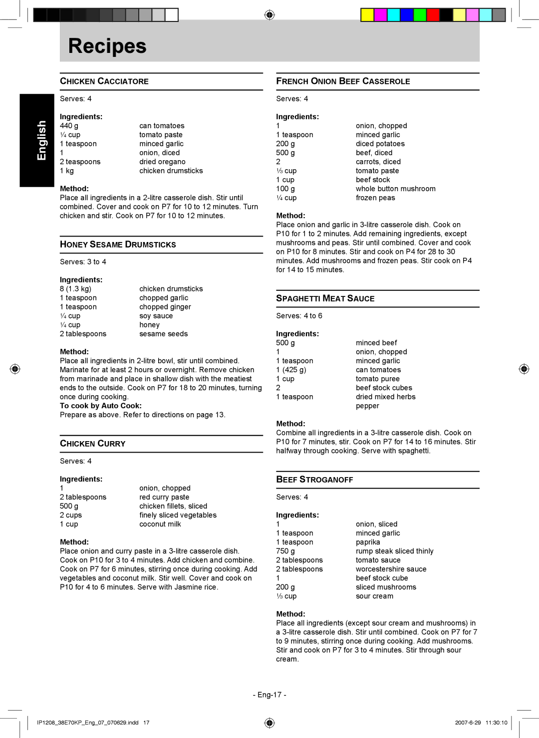 Panasonic NN-ST757W manual Chicken Cacciatore, Honey Sesame Drumsticks, Chicken Curry, French Onion Beef Casserole 