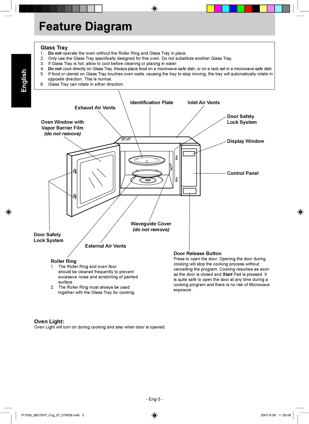 Panasonic NN-ST757W manual Feature Diagram, Glass Tray, Oven Light 