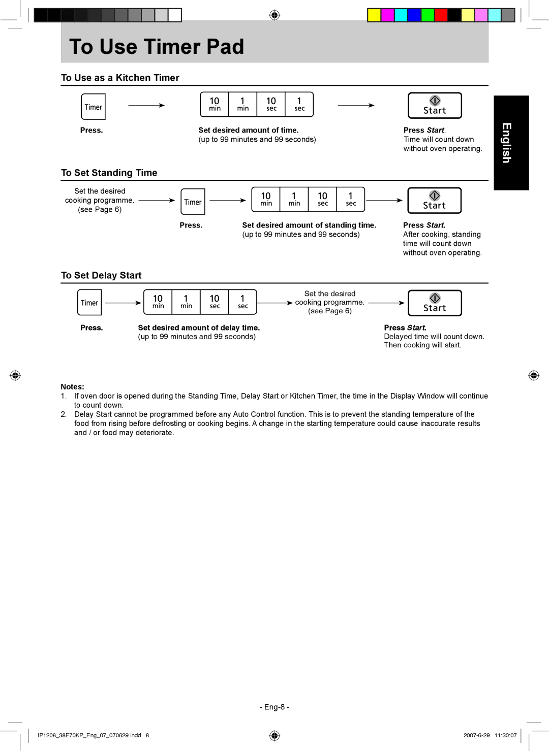 Panasonic NN-ST757W manual To Use Timer Pad, To Use as a Kitchen Timer, To Set Standing Time, To Set Delay Start 