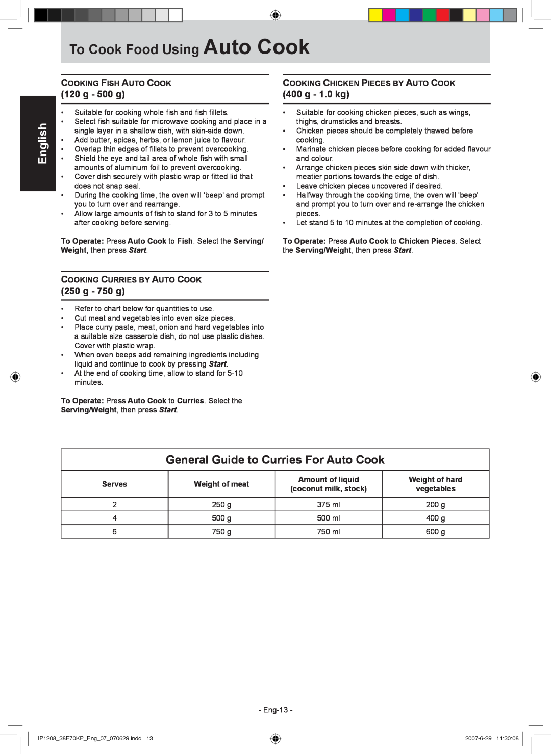 Panasonic NN-ST757W manual General Guide to Curries For Auto Cook, To Cook Food Using Auto Cook, English 