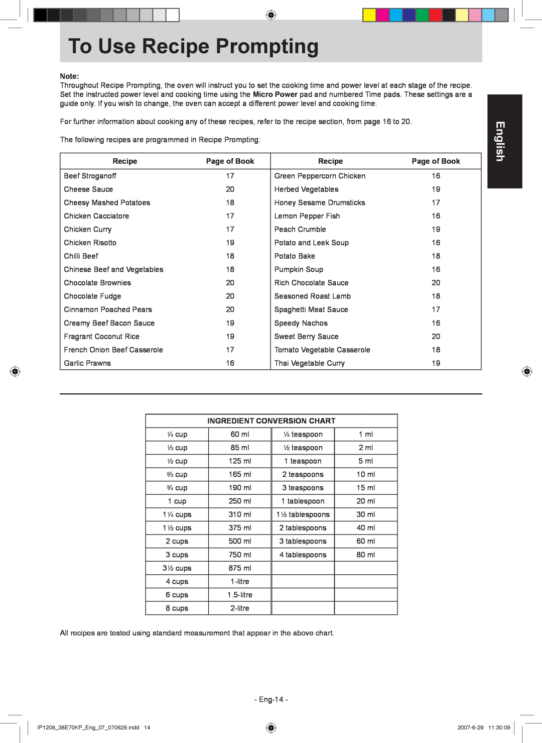 Panasonic NN-ST757W manual To Use Recipe Prompting, English, Page of Book, Ingredient Conversion Chart 