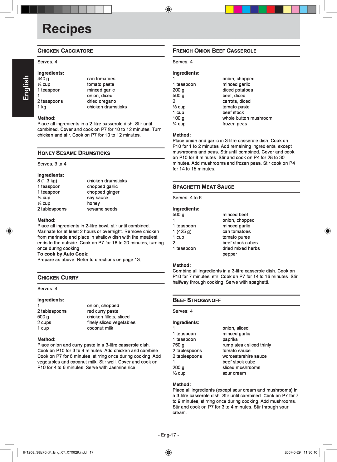 Panasonic NN-ST757W manual Recipes, English, Chicken Cacciatore 