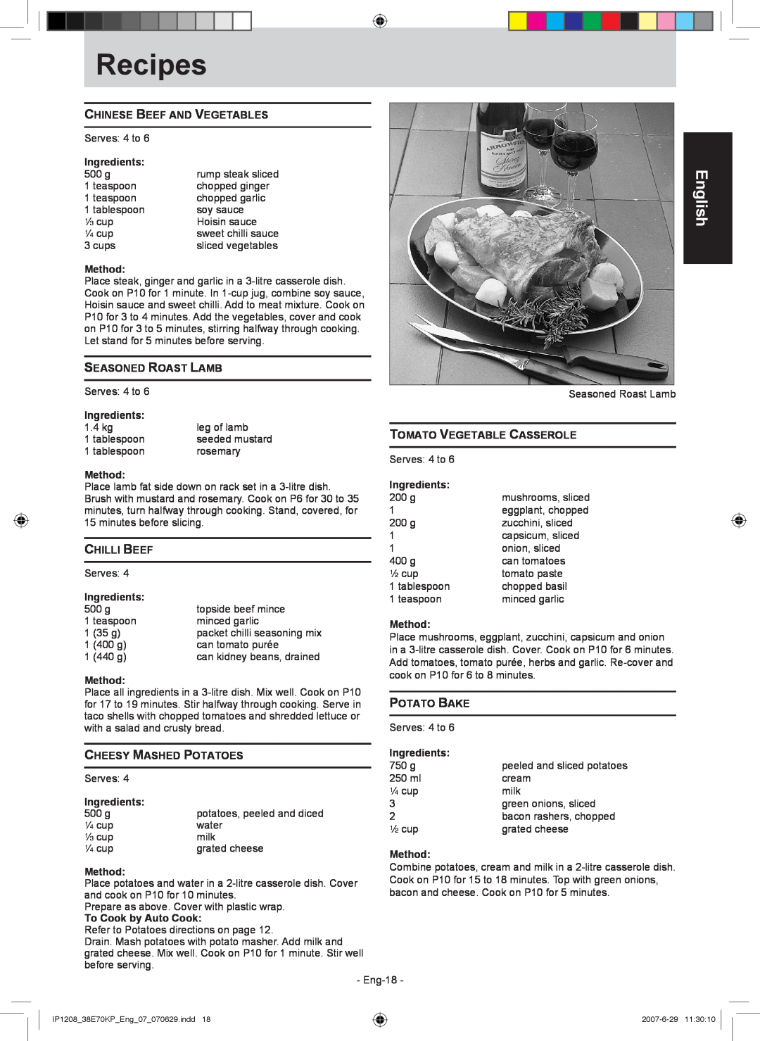 Panasonic NN-ST757W manual Recipes, English, Chinese Beef And Vegetables 