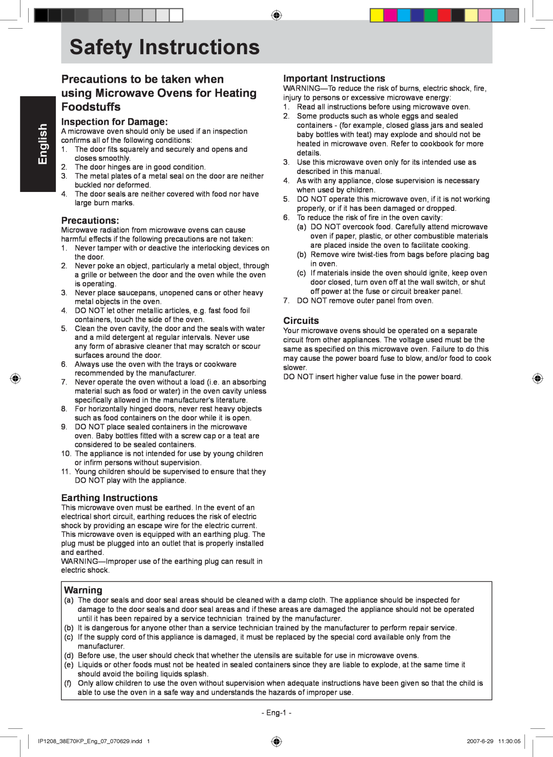 Panasonic NN-ST757W Safety Instructions, English, Inspection for Damage, Precautions, Important Instructions, Circuits 