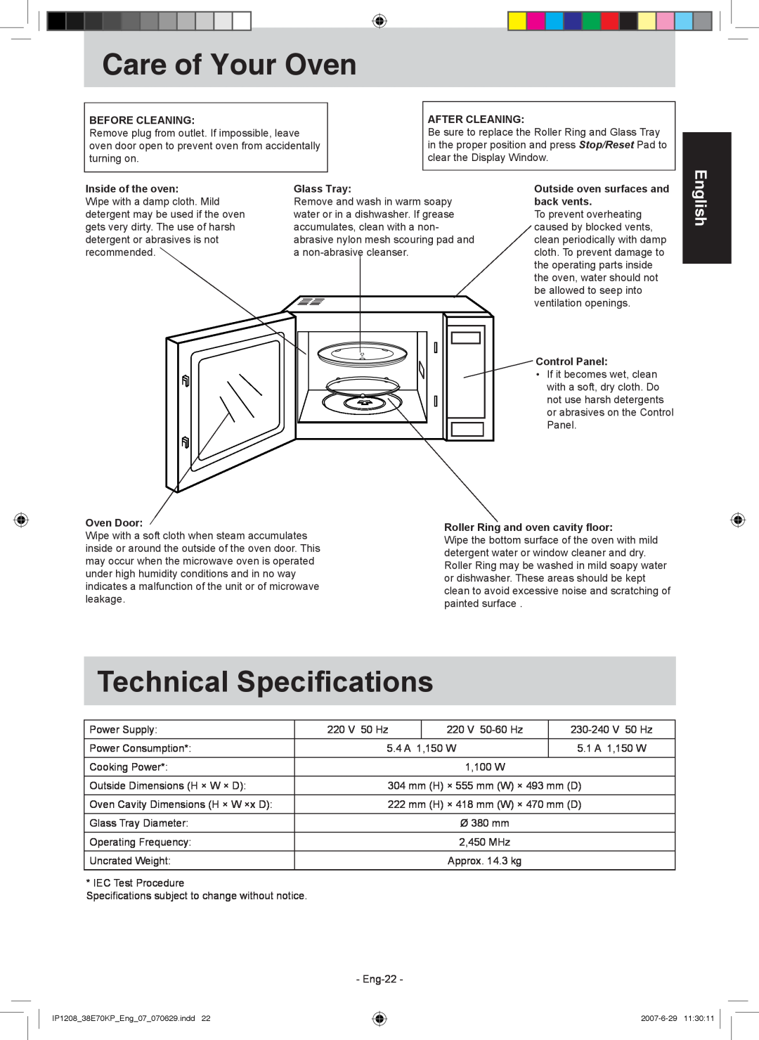 Panasonic NN-ST757W manual Care of Your Oven, Technical Speciﬁcations, English 