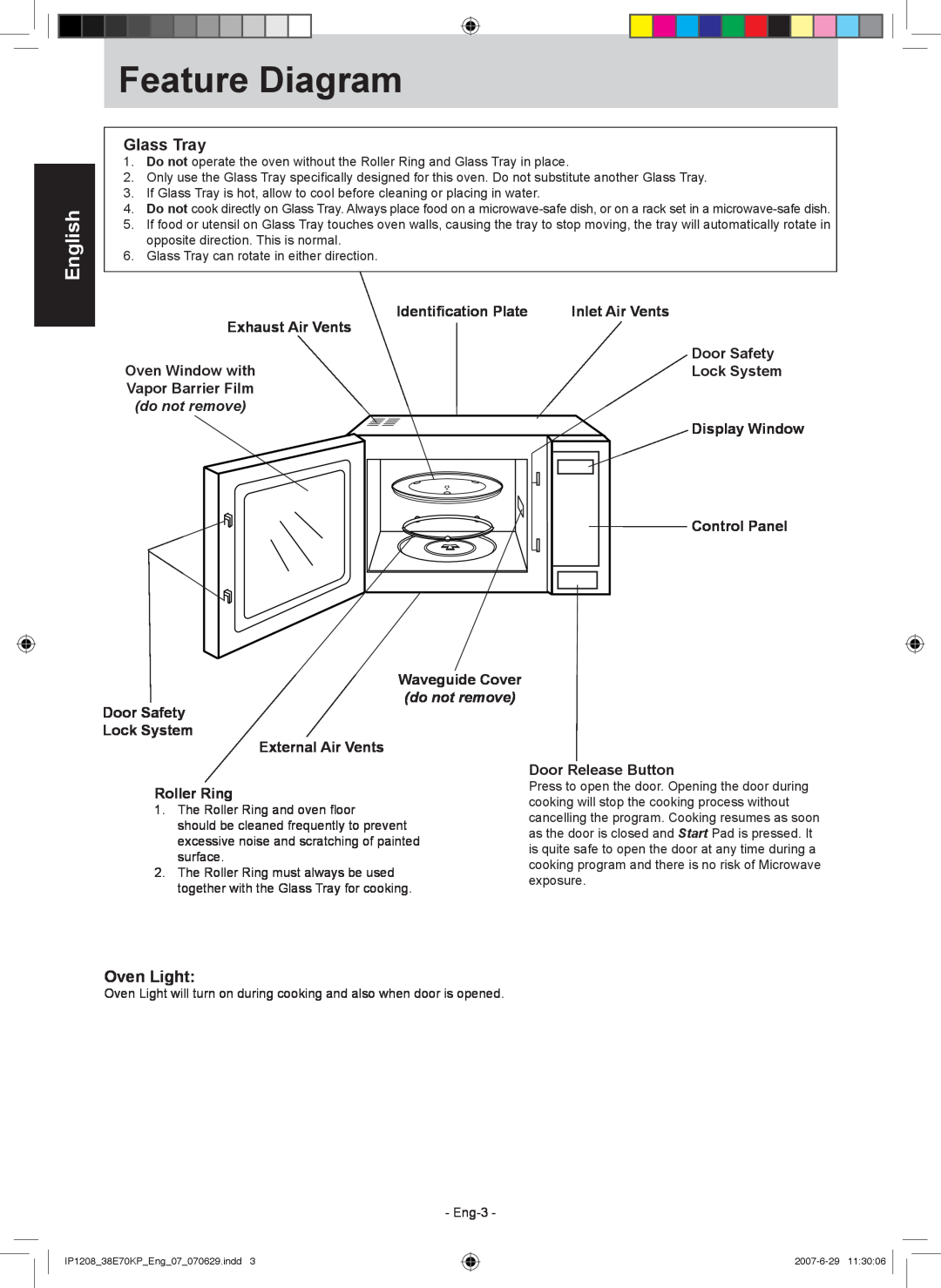 Panasonic NN-ST757W manual Feature Diagram, Glass Tray, Oven Light, English, do not remove 