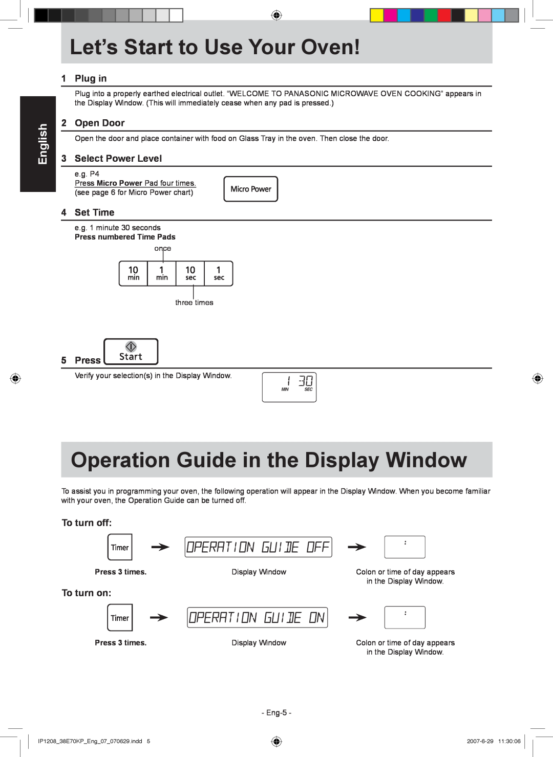Panasonic NN-ST757W Let’s Start to Use Your Oven, Operation Guide in the Display Window, Plug in, Open Door, Set Time 