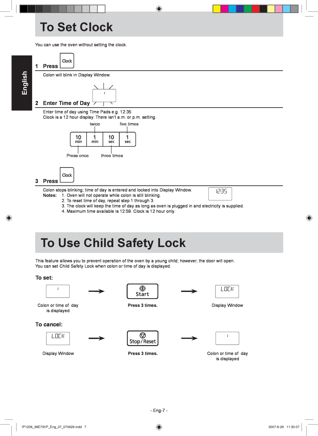 Panasonic NN-ST757W manual To Set Clock, To Use Child Safety Lock, Press, Enter Time of Day, To set, English, To cancel 
