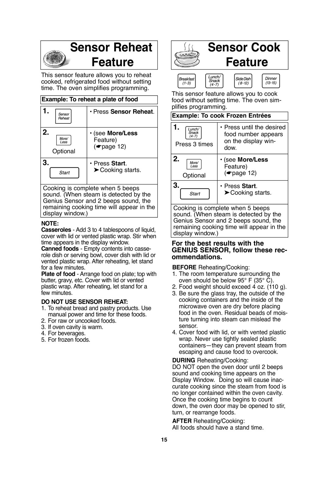 Panasonic NN-SN656 Sensor Reheat Feature, Sensor Cook Feature, Do not USE Sensor Reheat, Example To cook Frozen Entrées 