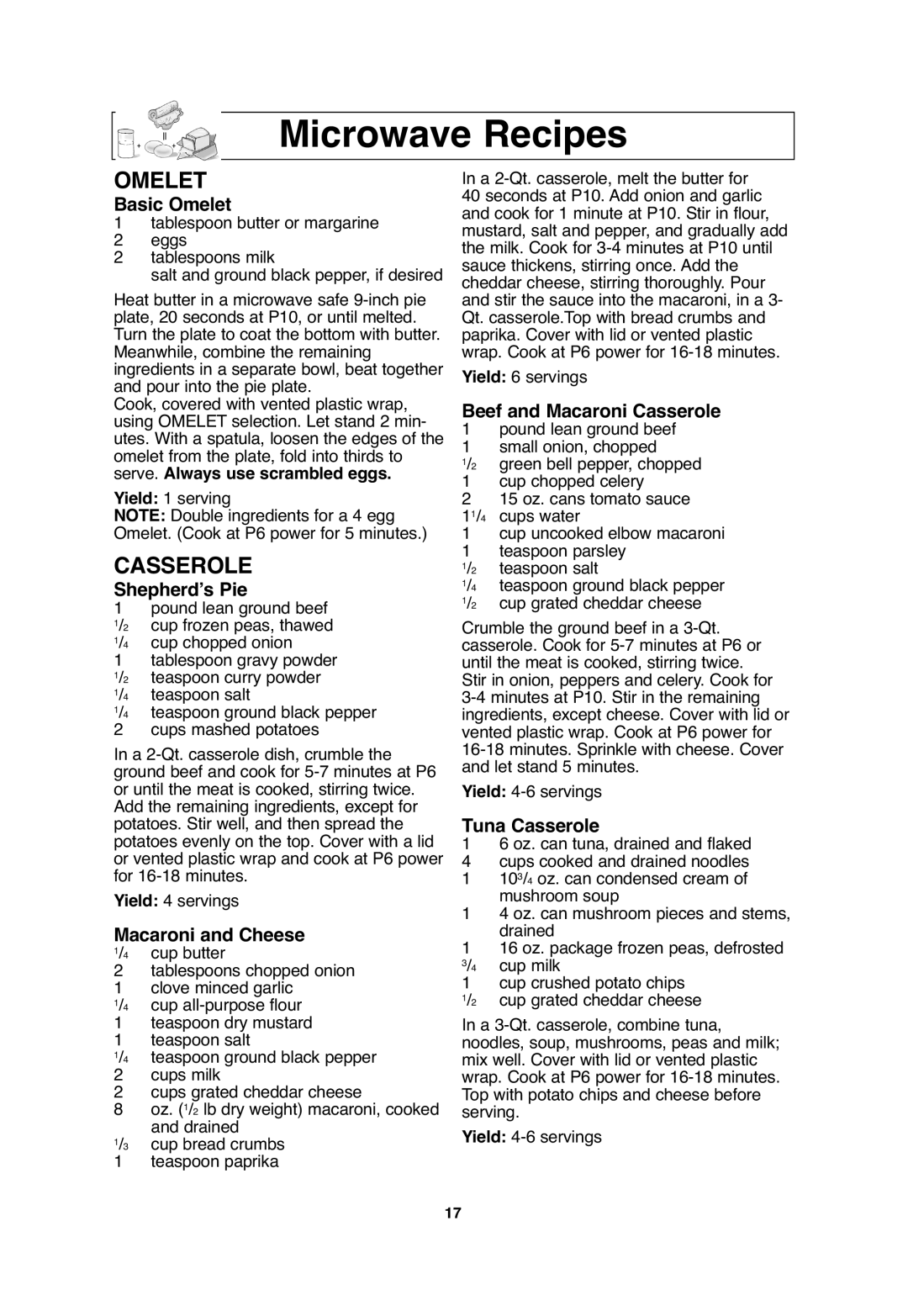 Panasonic NN-T665, NN-T655 Microwave Recipes, Omelet, Casserole, Tablespoon butter or margarine Eggs Tablespoons milk 