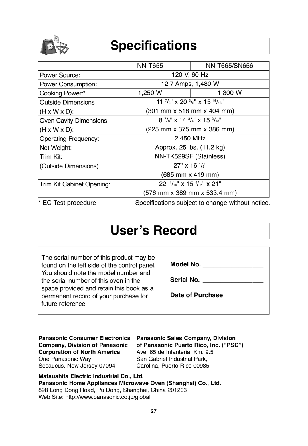 Panasonic NN-SN656, NN-T655, NN-T665 Specifications, User’s Record, Model No Serial No Date of Purchase 