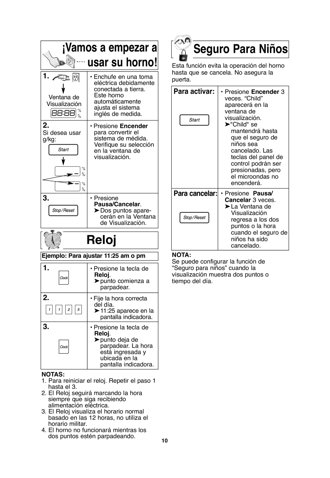 Panasonic NN-T655, NN-T665, NN-SN656 important safety instructions Reloj, Ejemplo Para ajustar 1125 am o pm, Notas 