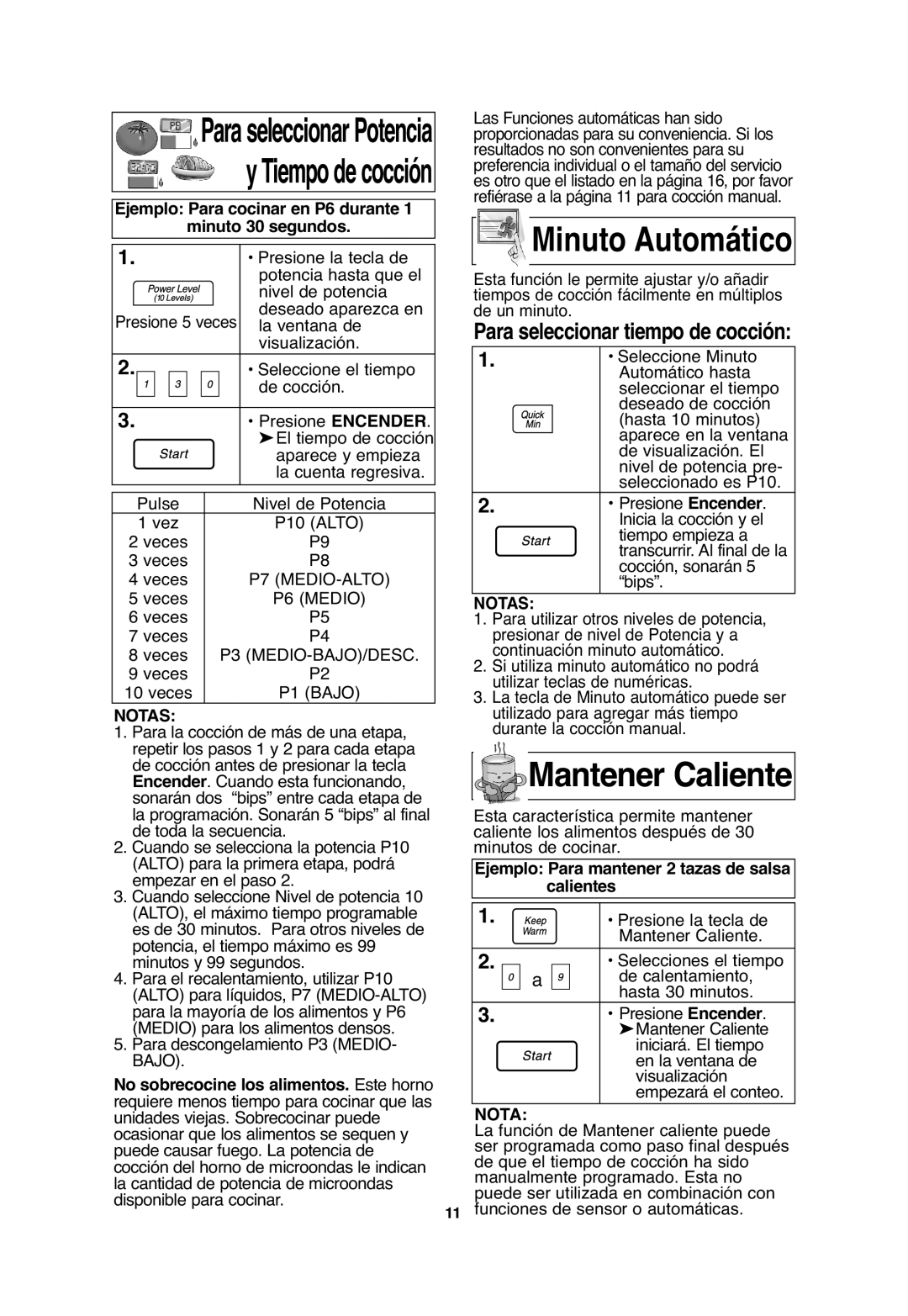 Panasonic NN-T665, NN-T655 Mantener Caliente, ParaseleccionarPotencia yTiempodecocción, Para seleccionar tiempo de cocción 