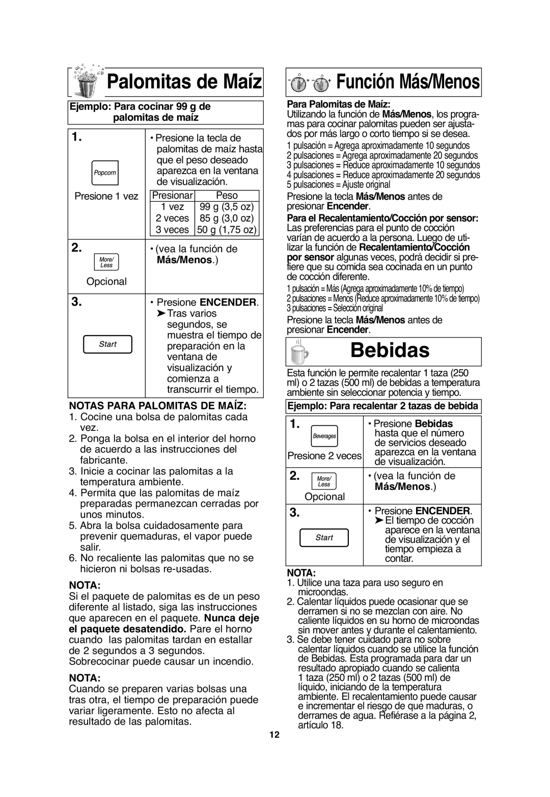 Panasonic NN-SN656, NN-T655, NN-T665 important safety instructions Palomitas de Maíz, Bebidas, Notas Para Palomitas DE Maíz 