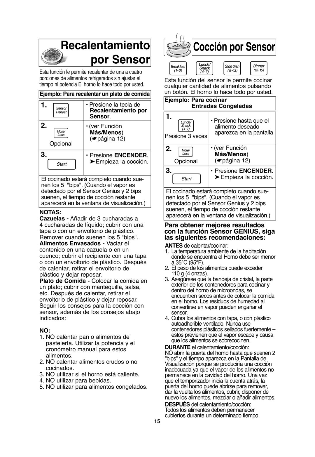 Panasonic NN-SN656, NN-T655, NN-T665 Ejemplo Para recalentar un plato de comida, Recalentamiento por Sensor 