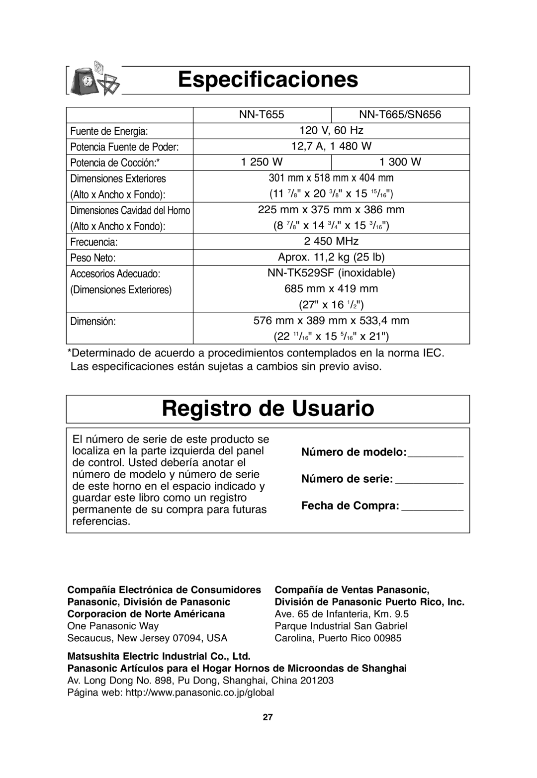 Panasonic NN-SN656, NN-T655 Especificaciones, Registro de Usuario, Número de modelo Número de serie Fecha de Compra 