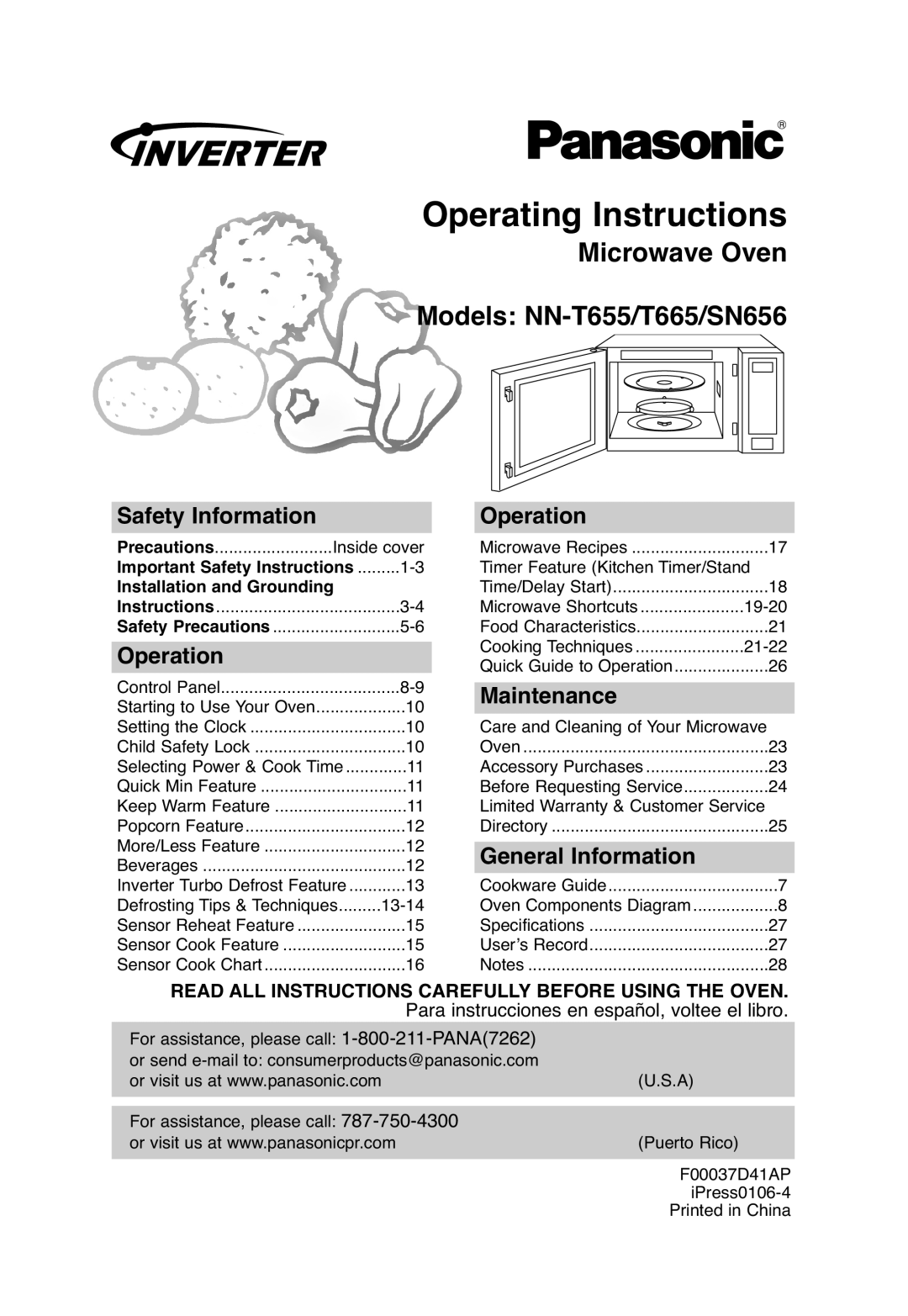 Panasonic NN-T665, NN-SN656 important safety instructions Operating Instructions, Microwave Oven Models NN-T655/T665/SN656 