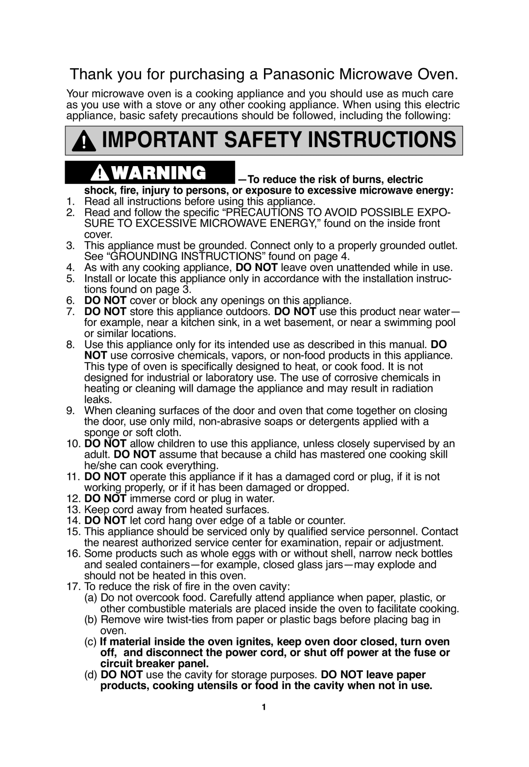 Panasonic NN-T655, NN-T665, NN-SN656 Important Safety Instructions, Thank you for purchasing a Panasonic Microwave Oven 