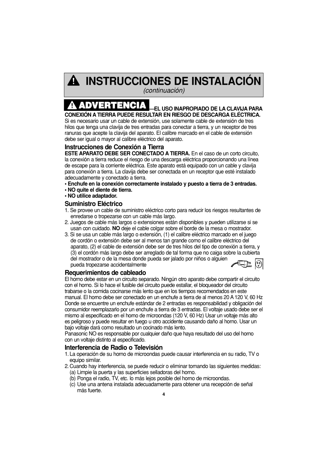 Panasonic NN-T664, NN-T644, NN-T654 Instrucciones de Conexión a Tierra, Suministro Eléctrico, Requerimientos de cableado 