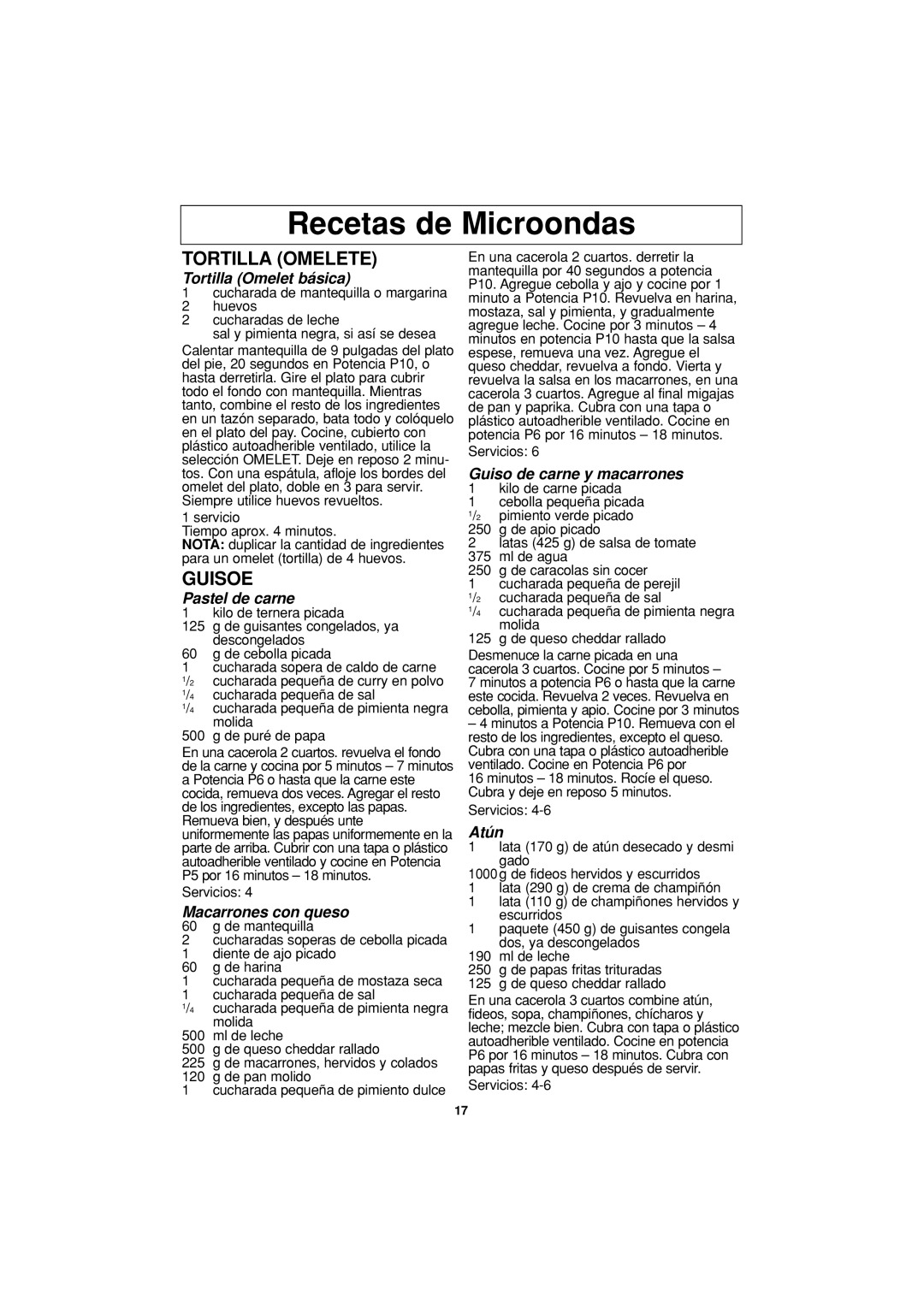 Panasonic NN-T644, NN-T664, NN-T654, NN-H664 important safety instructions Recetas de Microondas, Tortilla Omelete, Guisoe 