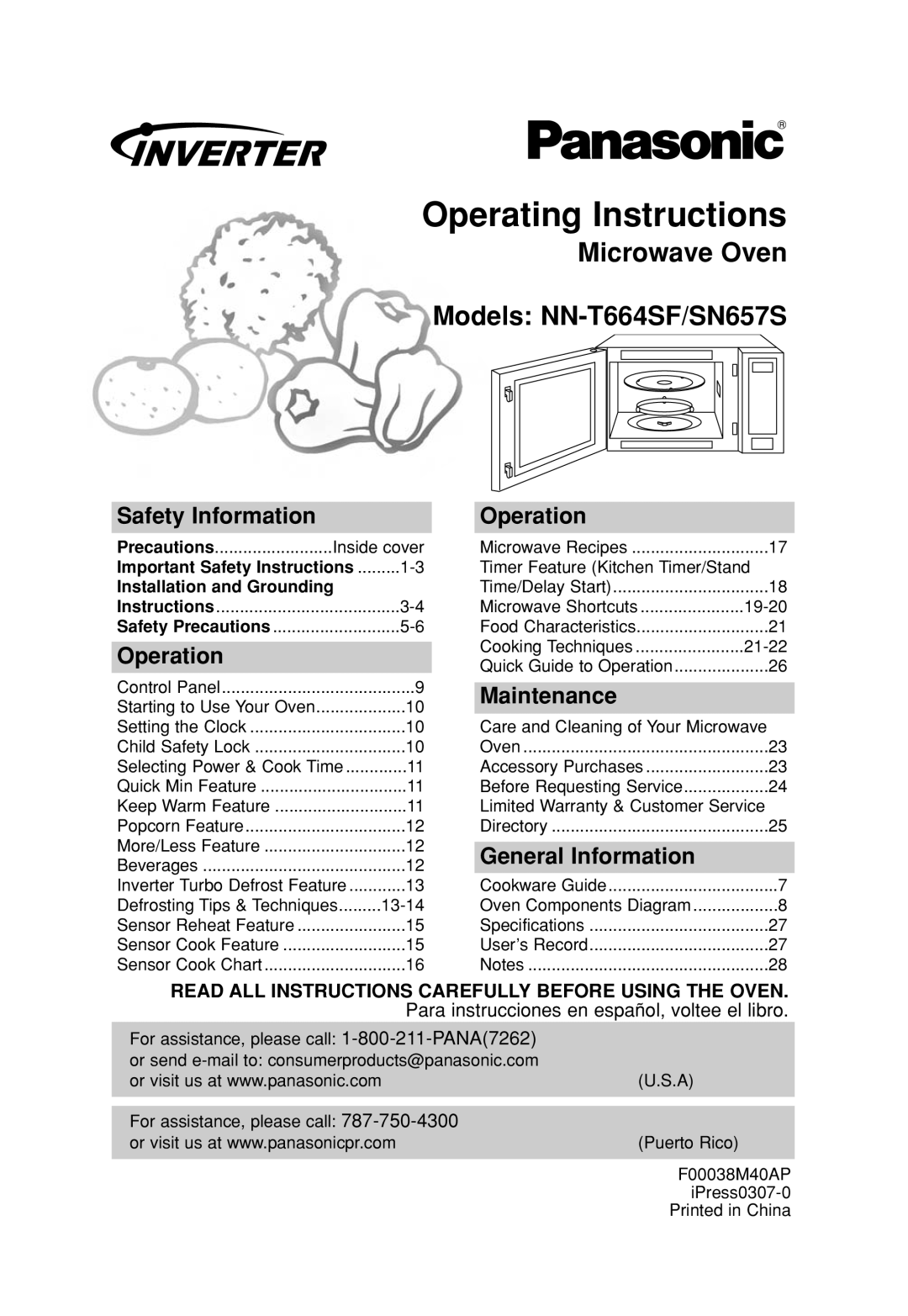 Panasonic NN-T664SF operating instructions Operating Instructions, Safety Information Operation, Maintenance 