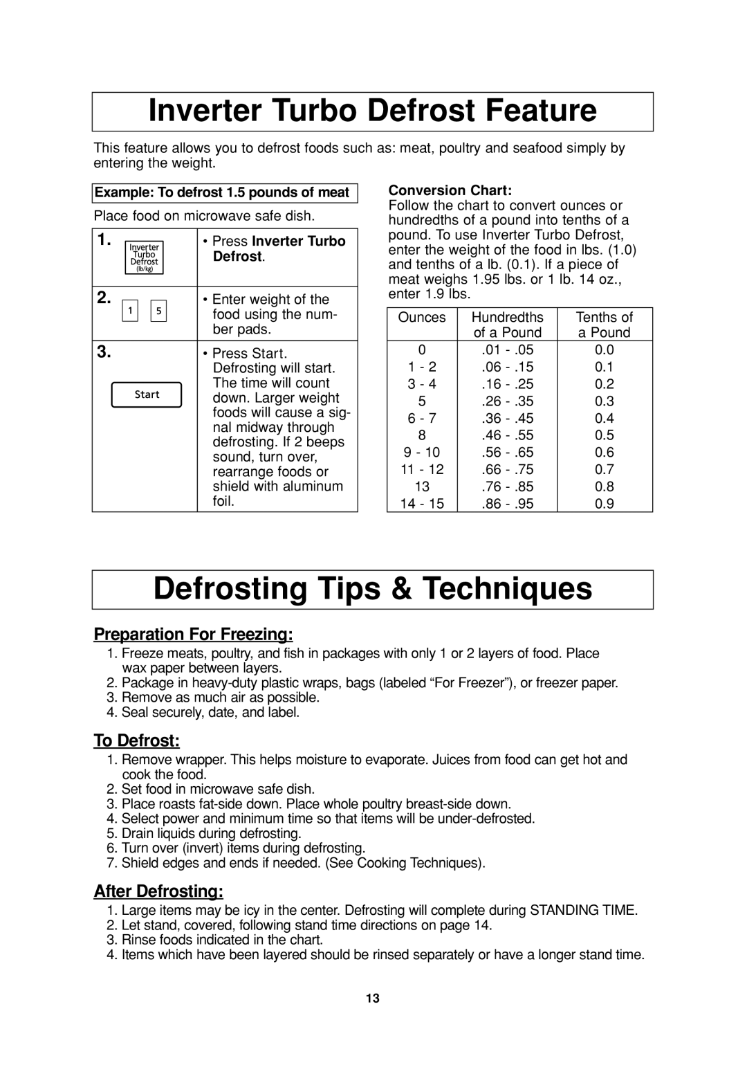 Panasonic NN-T664SF Inverter Turbo Defrost Feature, Defrosting Tips & Techniques, Example To defrost 1.5 pounds of meat 