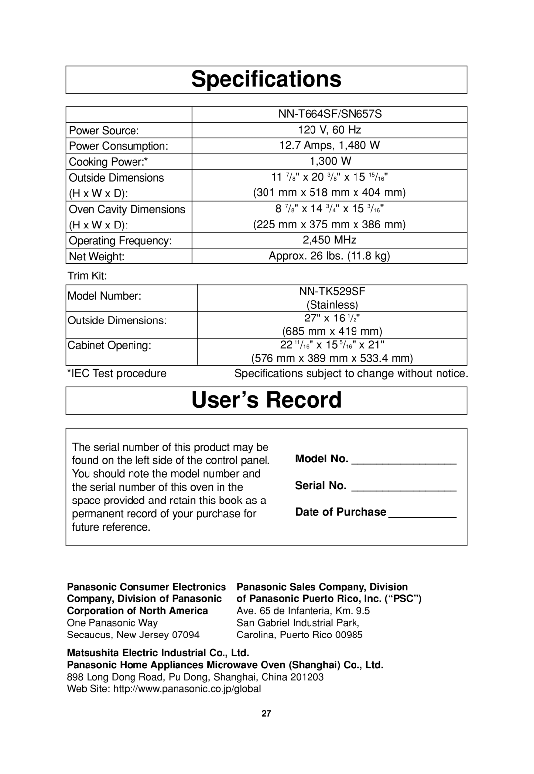 Panasonic NN-T664SF operating instructions Specifications, User’s Record 