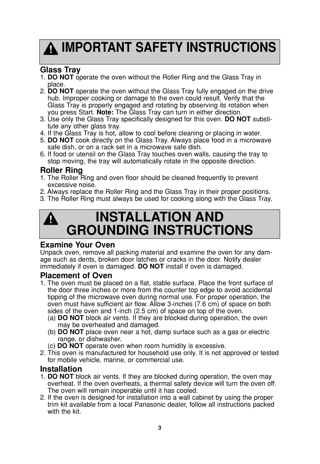 Panasonic NN-T664SF operating instructions Glass Tray, Roller Ring, Examine Your Oven, Placement of Oven, Installation 