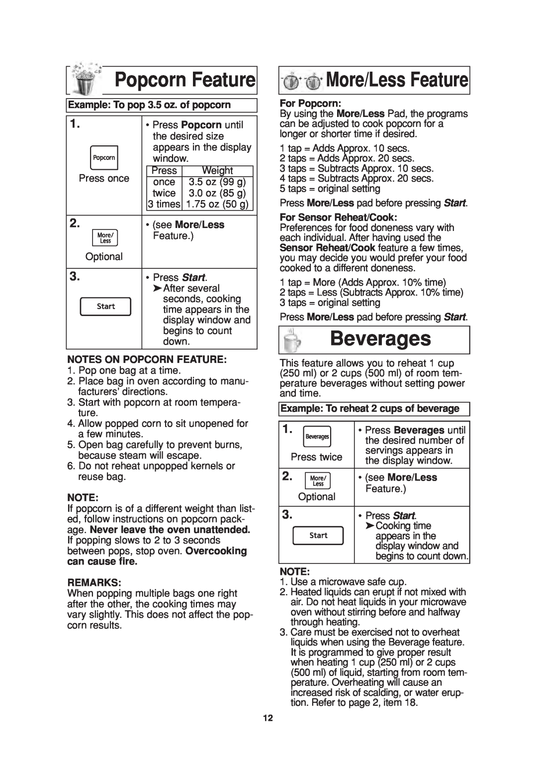 Panasonic NN-T664SF operating instructions Popcorn Feature, Beverages, More/Less Feature 