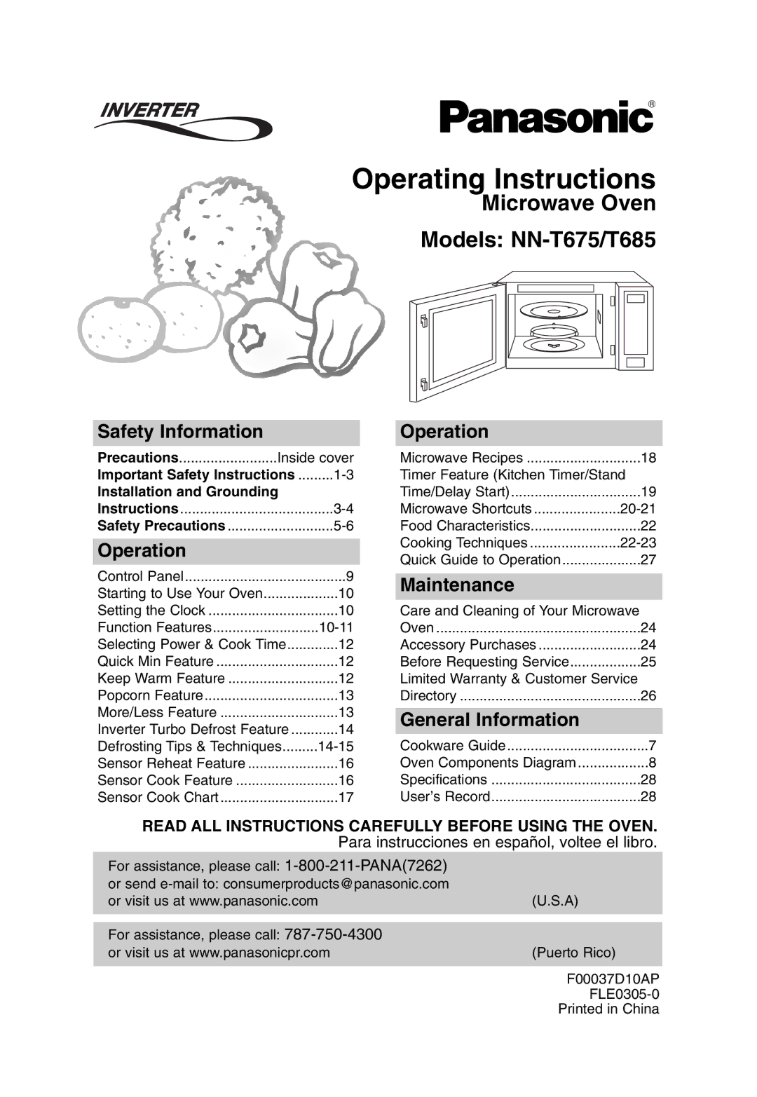 Panasonic NN-T675, NN-T685 operating instructions Operating Instructions, Safety Information, Operation, Maintenance 