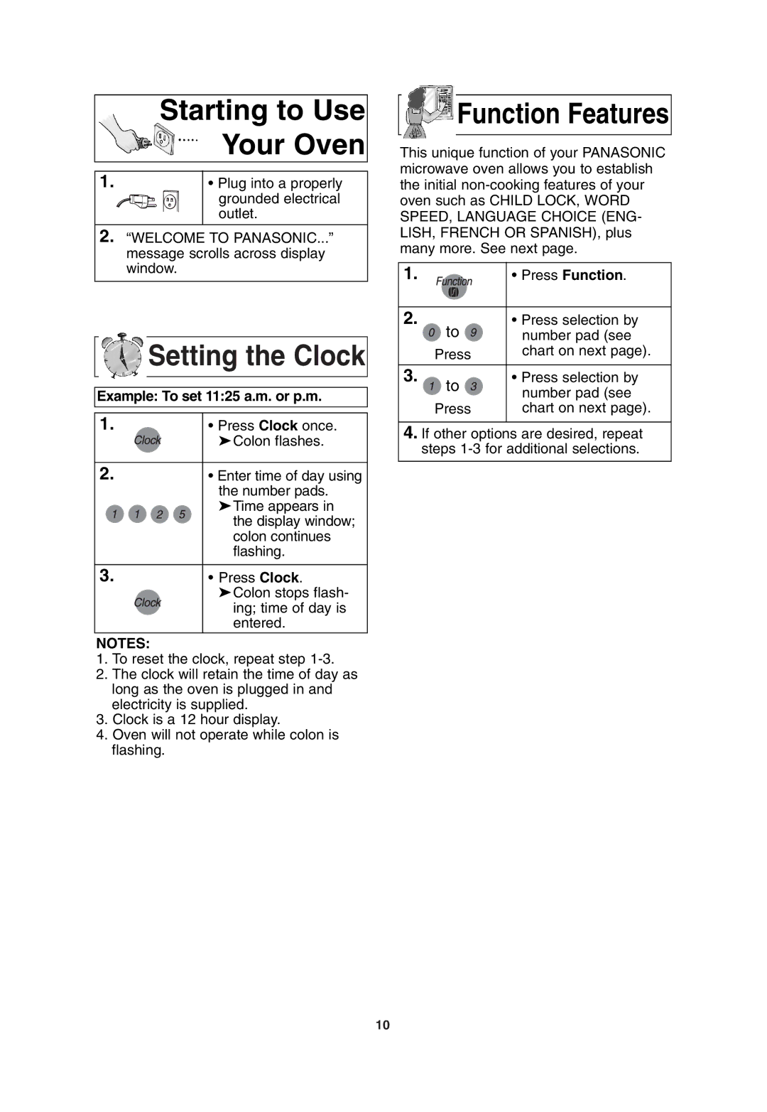 Panasonic NN-T685 Starting to Use Your Oven, Setting the Clock, Function Features, Example To set 1125 a.m. or p.m 