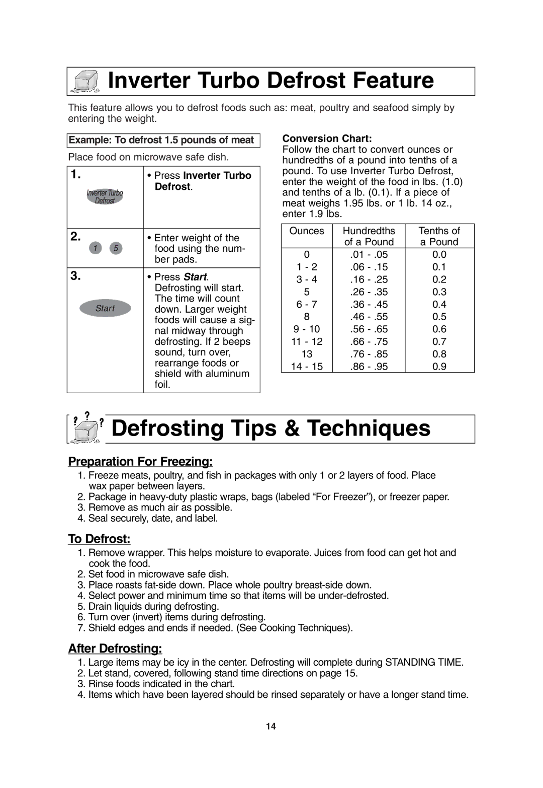 Panasonic NN-T685 Inverter Turbo Defrost Feature, Defrosting Tips & Techniques, Example To defrost 1.5 pounds of meat 