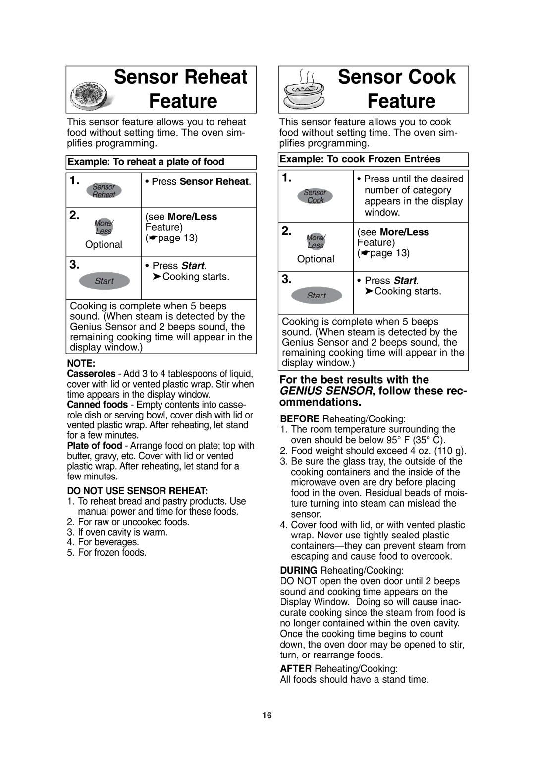 Panasonic NN-T685 Sensor Reheat Feature, Sensor Cook Feature, Example To cook Frozen Entrées, See More/Less Feature 