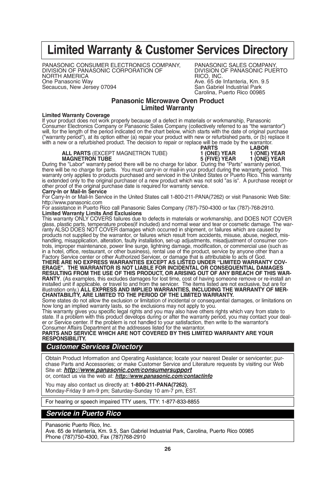 Panasonic NN-T685 Limited Warranty & Customer Services Directory, Panasonic Microwave Oven Product Limited Warranty 