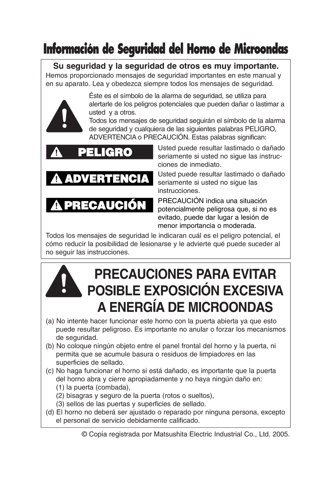 Panasonic NN-T685 Información de Seguridad del Horno de Microondas, Su seguridad y la seguridad de otros es muy importante 