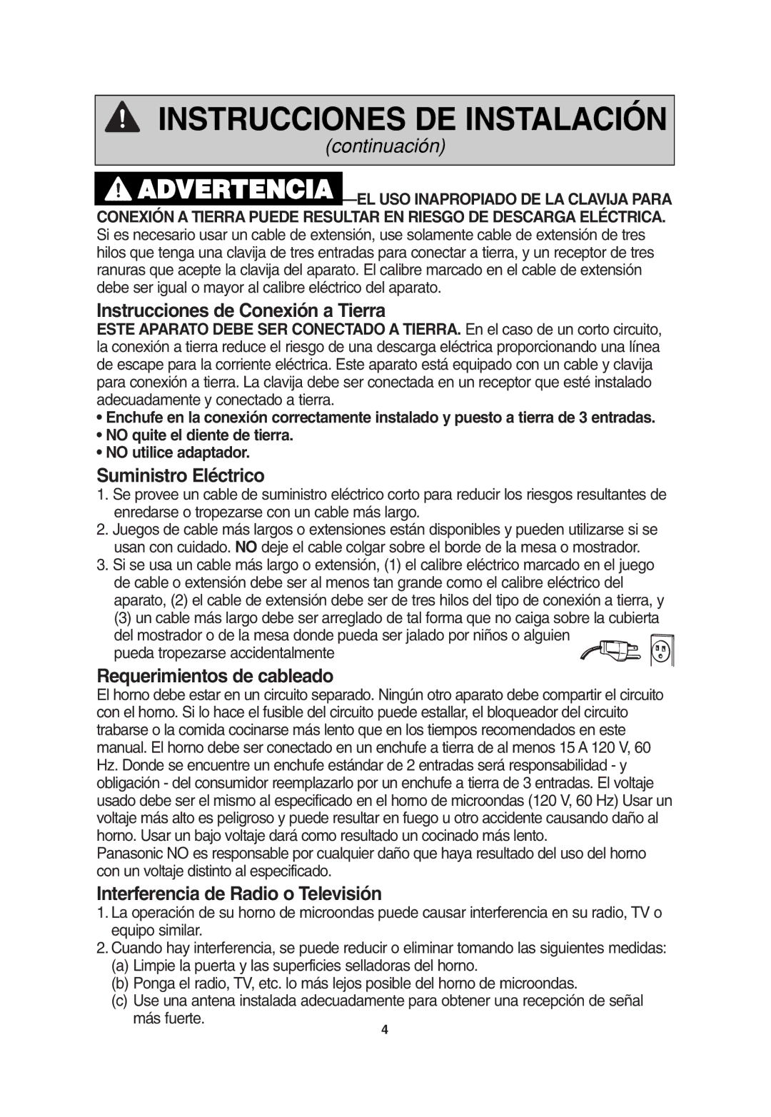 Panasonic NN-T685, NN-T675 Instrucciones de Conexión a Tierra, Suministro Eléctrico, Requerimientos de cableado 