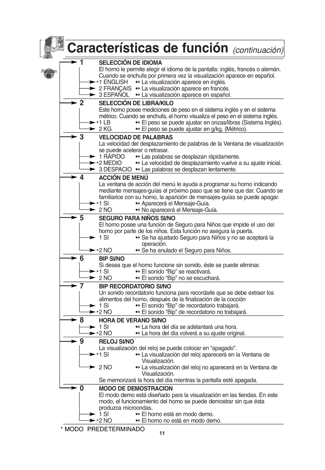 Panasonic NN-T675, NN-T685 Selección DE Idioma, Selección DE LIBRA/KILO, Velocidad DE Palabras, Acción DE Menú, Bip Si/No 