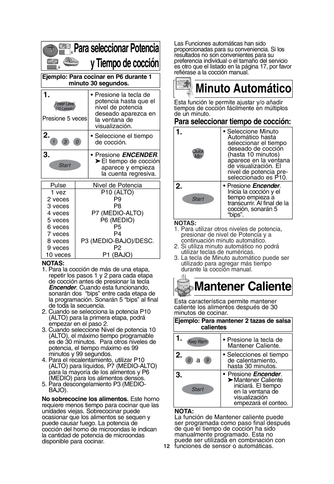 Panasonic NN-T685, NN-T675 Mantener Caliente, Minuto Automático, Para seleccionar tiempo de cocción, Nota 