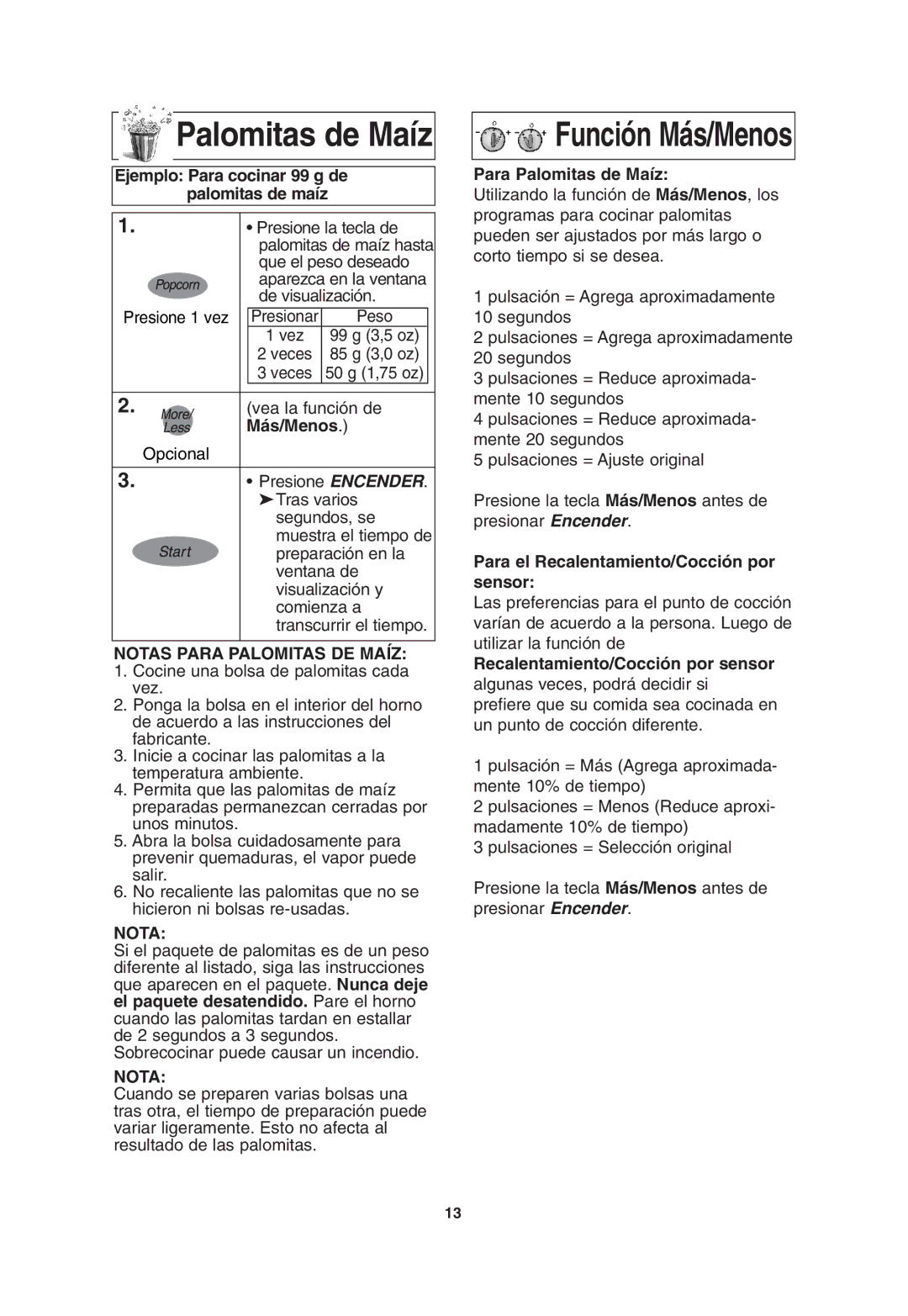 Panasonic NN-T675, NN-T685 operating instructions Palomitas de Maíz, Notas Para Palomitas DE Maíz 