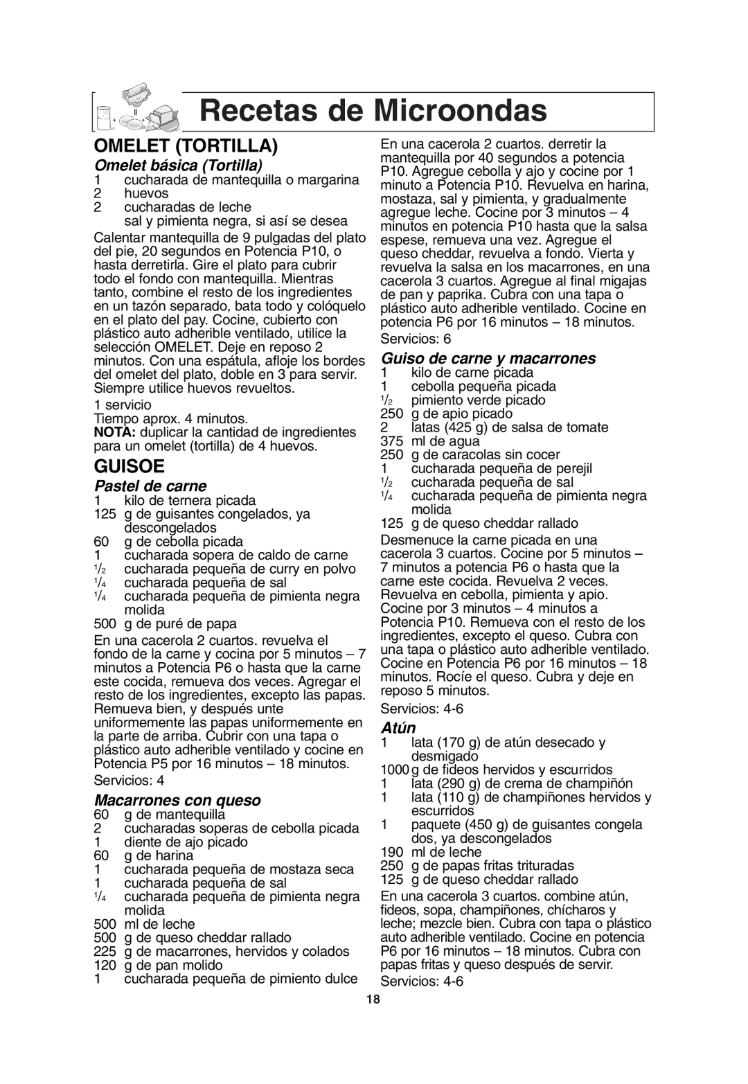 Panasonic NN-T685, NN-T675 operating instructions Recetas de Microondas, Omelet Tortilla, Guisoe 