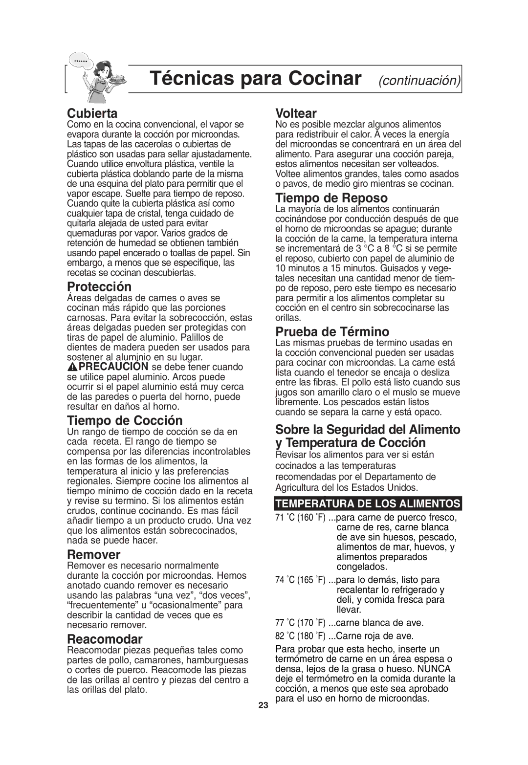 Panasonic NN-T675, NN-T685 operating instructions Técnicas para Cocinar continuación 