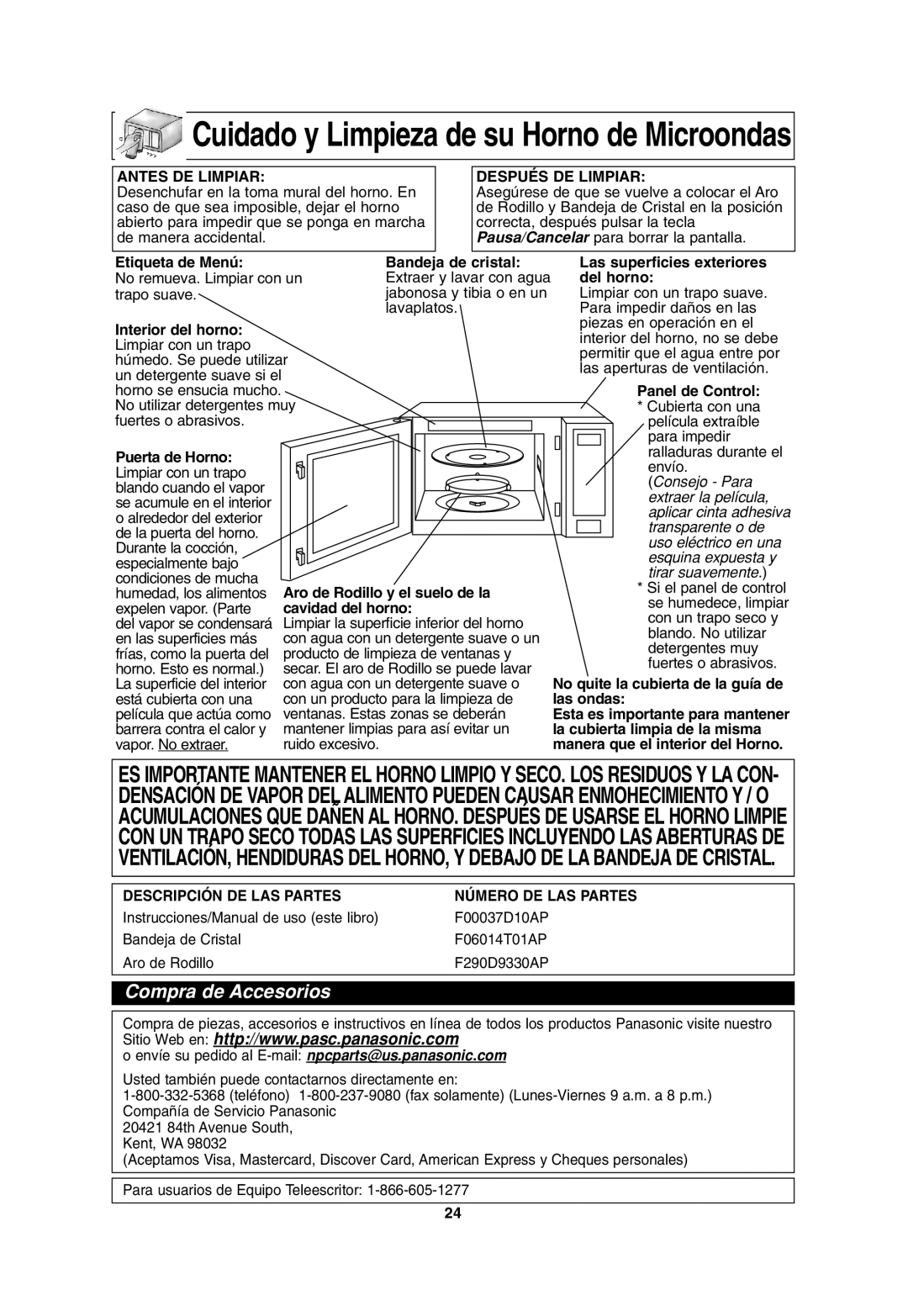 Panasonic NN-T685, NN-T675 operating instructions Cuidado y Limpieza de su Horno de Microondas 