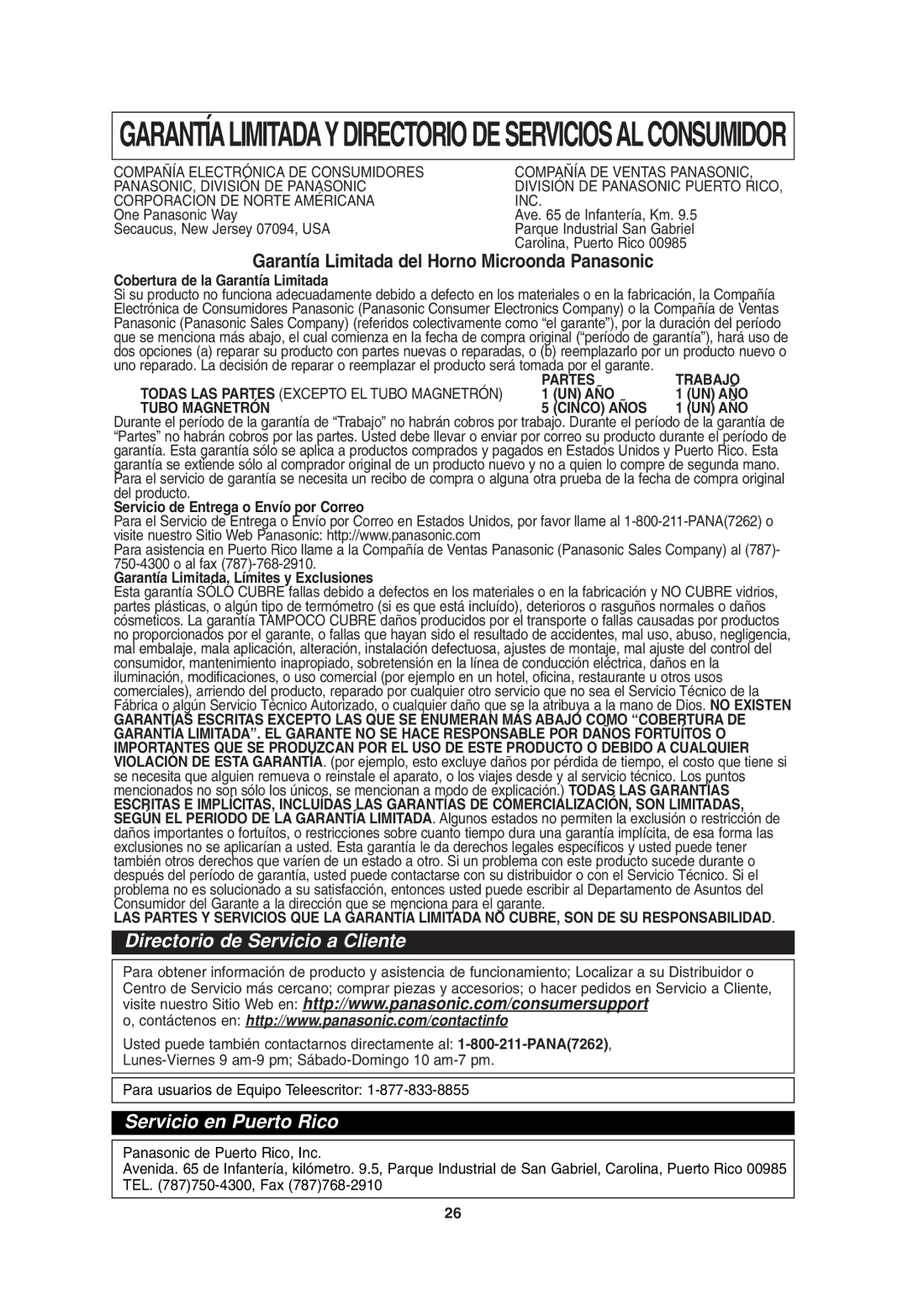 Panasonic NN-T685 Garantíalimitadaydirectorio DE Serviciosalconsumidor, Garantía Limitada del Horno Microonda Panasonic 