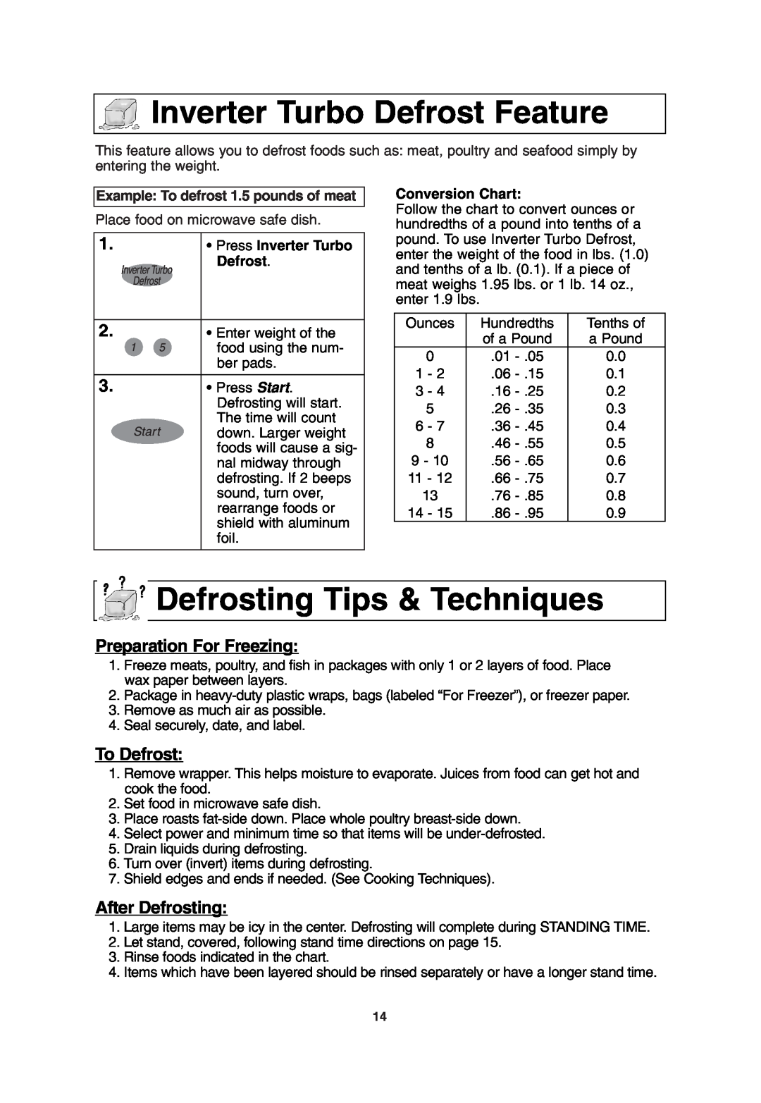 Panasonic NN-T685 Inverter Turbo Defrost Feature, Defrosting Tips & Techniques, Preparation For Freezing, To Defrost 
