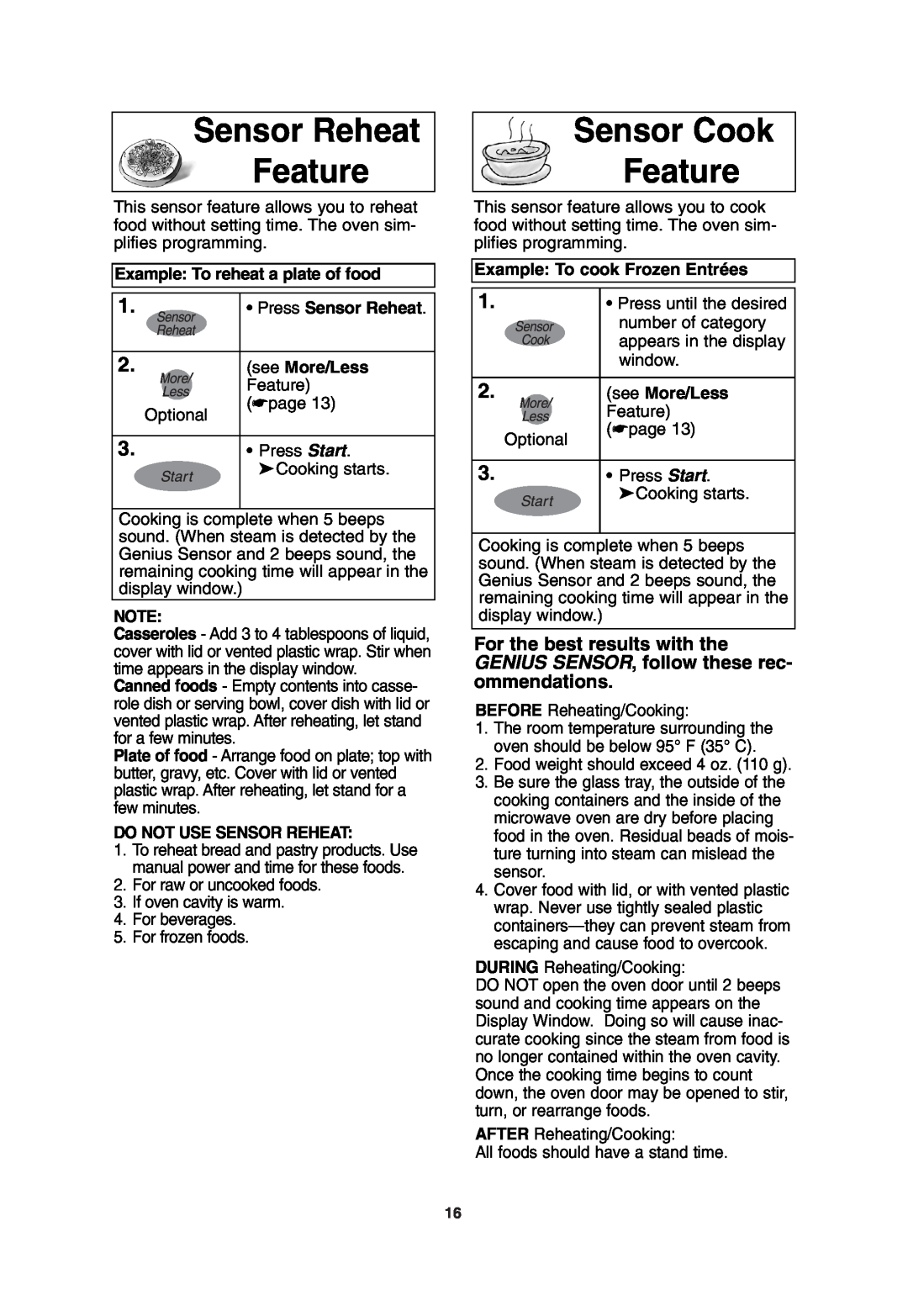 Panasonic NN-T685 Sensor Reheat Feature, Sensor Cook Feature, Example: To reheat a plate of food, see More/Less Feature 