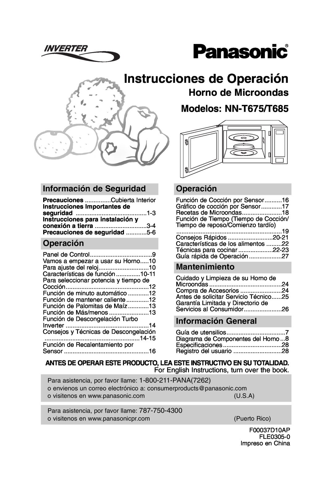 Panasonic NN-T685 Instrucciones de Operación, Horno de Microondas Modelos: NN-T675/T685, Información de Seguridad 